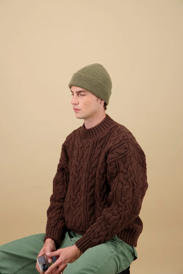 Bonnet laine merinos vert militaire profil