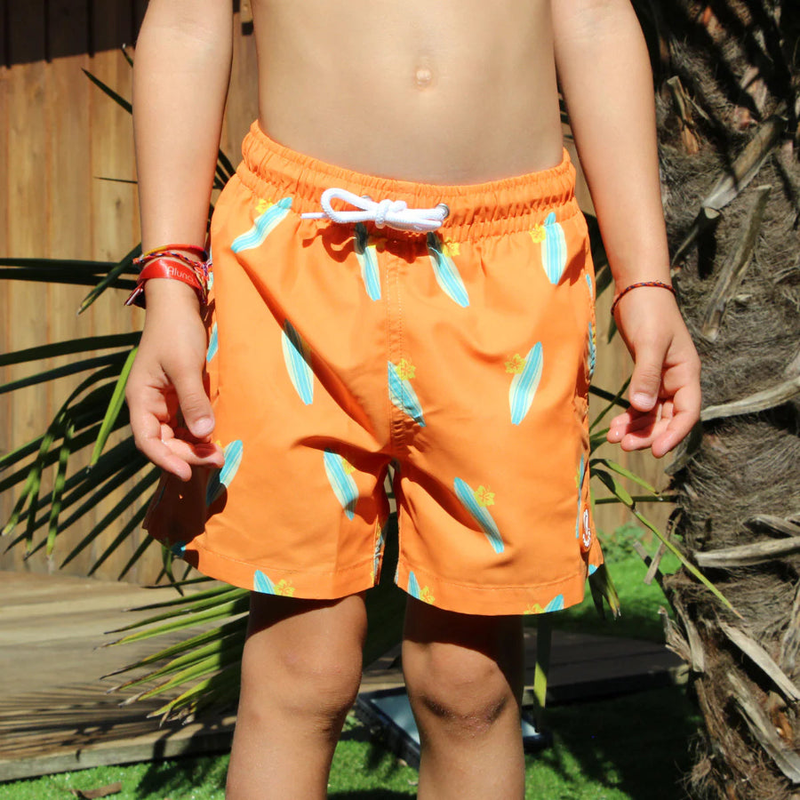 Maillot-de-bain-enfant-recycle-orange-motif-surf-face