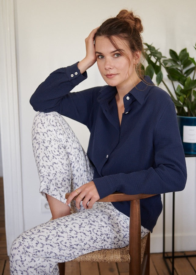 Pantalon de pyjama en gaze de coton bio BLEUET