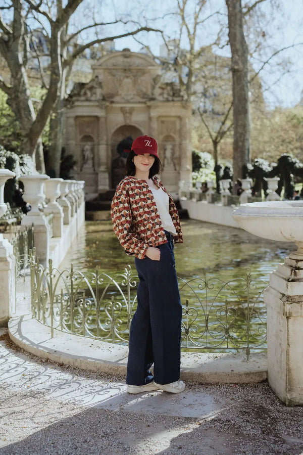 outfit avec la veste sienna boutonnée sevenlie horizon rose